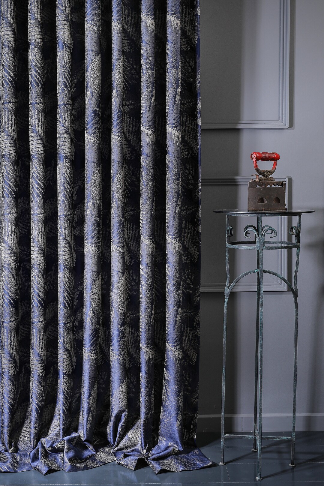 Custom Size Luxury Blue Curtains, Color Options, Tropical Palm Leaf