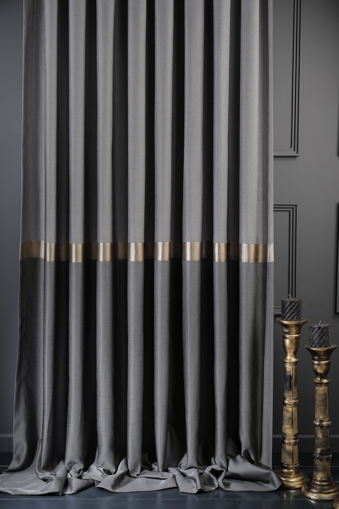 Custom Size Luxury Gold Striped Curtains, Black Blue Gray Green Color