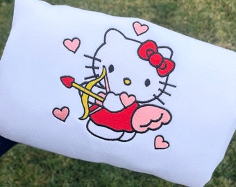 Kitty Embroidered Sweater, Kitty Hello Sweater, Valentine Kitty Sweatshirt, Embroidered Crewneck