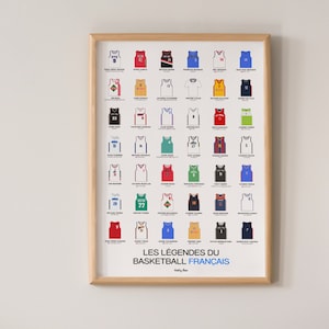 May include: A framed poster with a white background featuring a grid of 36 basketball jerseys. Each jersey is a different colour and has a number and name on it. The jerseys represent French basketball legends. The poster title is "Les Légendes du Basketball Français".