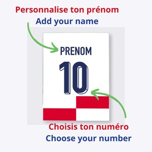 May include: A white card with a red and white checkered background. The card has a blue number "10" with the word "PRENOM" above it. The text "Personnalise ton pr&eacute;nom Add your name" is above the card and the text "Choisis ton num&eacute;ro Choose your number" is below the card.