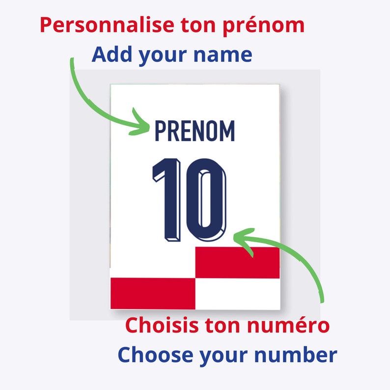 May include: A white card with a red and white checkered background. The card has a blue number "10" with the word "PRENOM" above it. The text "Personnalise ton pr&eacute;nom Add your name" is above the card and the text "Choisis ton num&eacute;ro Choose your number" is below the card.