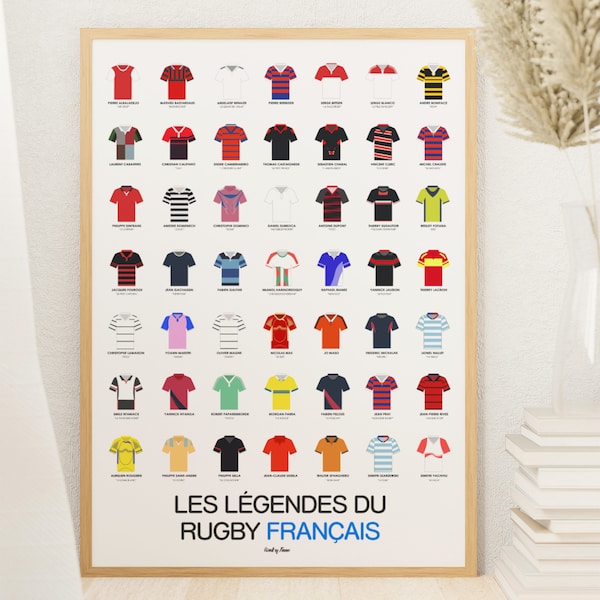 Affiches les Légendes du rugby français - Poster décoratif pour fan de rugby français - 49 maillots prénoms et surnoms
