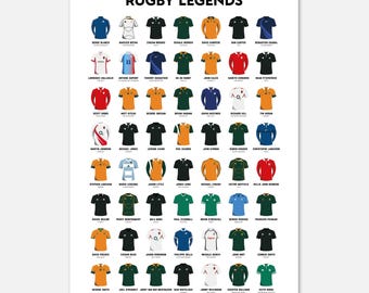 Puede incluir: Un póster blanco con el título "RUGBY LEGENDS". Presenta una cuadrícula de camisetas de rugby de diferentes colores y diseños, cada una con el nombre de una leyenda del rugby debajo. El texto es negro.