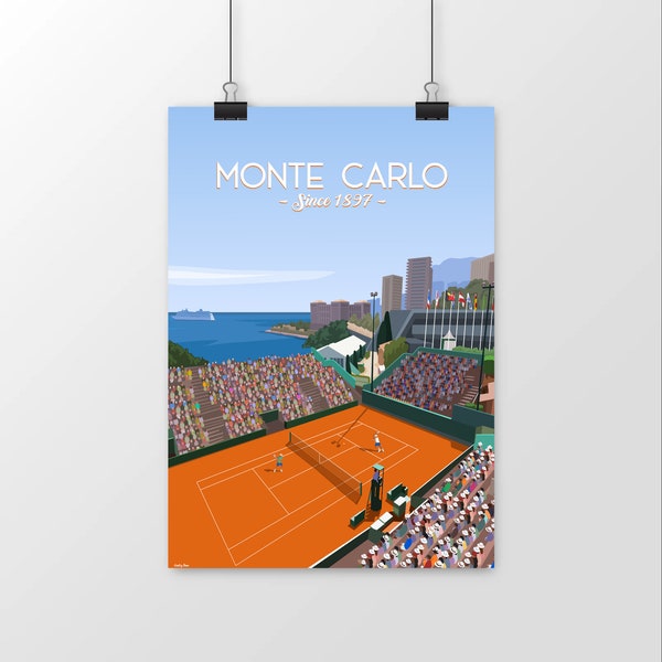 Poster tennis Monte Carlo - Affiche tournoi tennis - Décoration murale style minimaliste, fabriqué en France fan de tennis