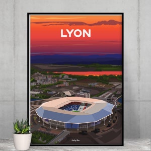 Póster de fútbol de Lyon - Estadio de fútbol visto desde el cielo para los aficionados del Olympique Lyonnais