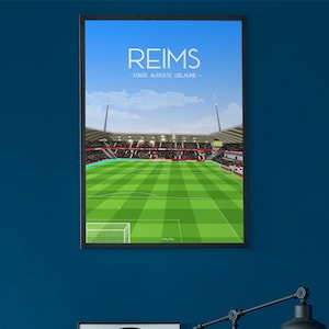 Reims Fußballplakat des Auguste Delaune Stadions - Plakat Fußballverein Reims Fan von Rot und Weiß - Wanddekoration minimalistischer Stil