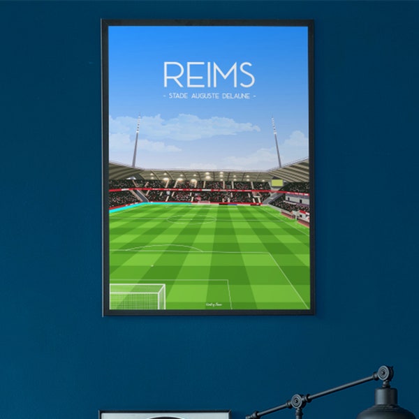 Reims Football affiche du stade Auguste Delaune - Poster football club rémois fan des rouge et blanc - Décoration murale style minimaliste
