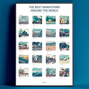 Puede incluir: Un póster enmarcado titulado "THE BEST MARATHONS AROUND THE WORLD". El póster presenta ilustraciones de lugares de maratón, como Nueva York, Tokio y París. Cada ilustración está en un cuadrado con el nombre y el país del lugar.
