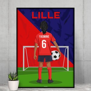 May include: A digital illustration of a soccer player wearing a red jersey with the number 6 and the name Yasmine on the back. The player is standing in front of a soccer goal with a soccer ball in their hand. The background is a red and blue color scheme with the word Lille at the top.