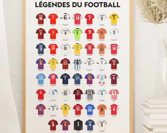 Affiche les Légendes du Football - Poster meilleurs joueurs de foot de l'histoire - 54 maillots avec noms et surnoms des joueurs