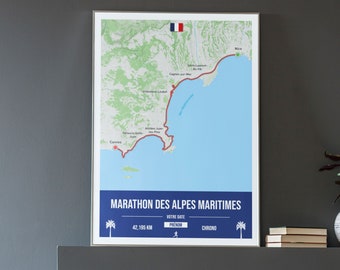 Affiche marathon des Alpes maritimes 2023 - Poster personnalisable pour coureur de marathon Nice - Cannes