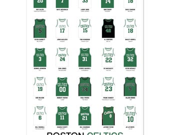May include: A poster featuring twenty-five Boston Celtics basketball jerseys arranged in a grid. Each jersey displays a player number and name, including Ray Allen, Larry Bird, and Jayson Tatum. The text reads Boston Celtics Top 25 Legendary Players.