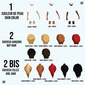 May include: A chart with illustrations of different skin tones, hair colors, and hair styles. The chart is labeled "Skin Color", "Boy Hair", and "Girl Hair".