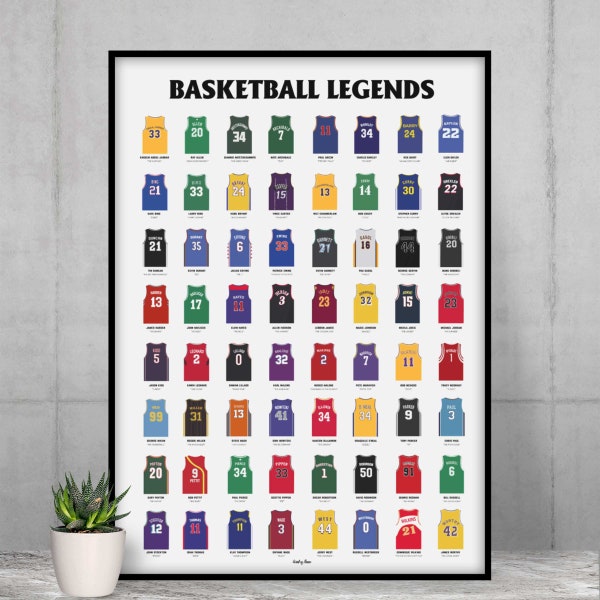 Basketball Legends poster - The best NBA players with jersey, name, nickname and number - Perfect gift for basketball fan
