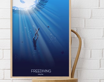 Freediving apnea poster - Apnea poster in natural environment - Extreme sport gift idea amateur or professional apnea