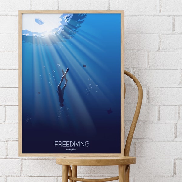 Poster Freediving apnée - Affiche apnée en milieu naturel - Idée cadeau sport extrême apnée amateur ou professionnel