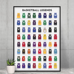Poster originale di Basketball Legends - 64 migliori giocatori NBA di tutti i tempi con maglia, nome, soprannome e numero - Disponibile in 10 misure in tutto il mondo