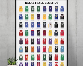 Basketball Legends original poster - 64 best NBA players All-Time with jersey, name, nickname and number - Available in 10 sizes Worldwide
