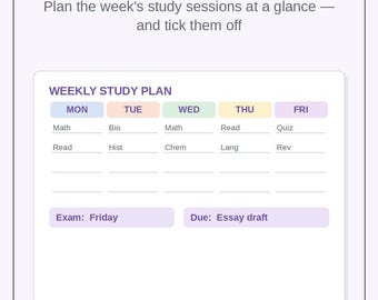 May include: A Weekly Study Schedule Planner template featuring a grid for Monday through Friday. The header reads Weekly Study Schedule Planner. The grid includes rows for subjects like Math, Bio, and Chem, with bottom sections for Exam: Friday and Due: Essay draft.