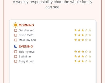 May include: A chore chart for kids with the title Chore Chart for Kids and the subtitle A weekly responsibility chart the whole family can see. It lists morning and evening tasks with checkboxes and a row of five stars for each chore.