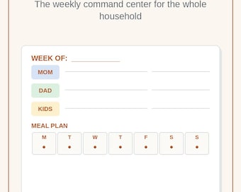 May include: A Family Calendar Planner printable PDF featuring the text "Family Calendar Planner" and "The weekly command center for the whole household." It includes sections for "WEEK OF," "MOM," "DAD," "KIDS," and a "MEAL PLAN" with seven days labeled M through S.