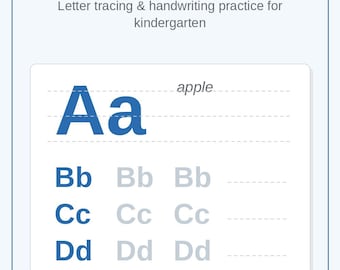 May include: Alphabet Tracing Worksheets with letter tracing and handwriting practice for kindergarten. Features uppercase and lowercase letters A-Z, including the word apple, with printable PDF and instant download text.