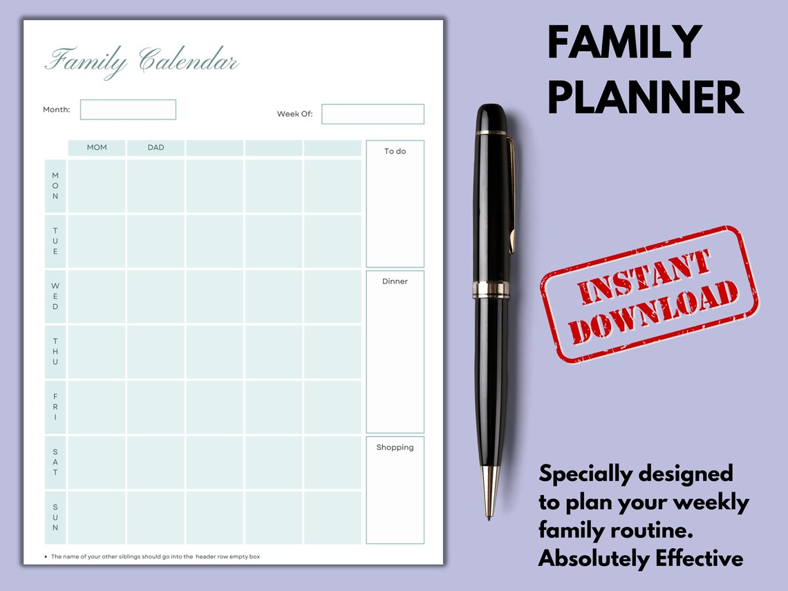Simple Weekly Family Calendar, Monthly Organizer, Daily Weekly Task ...
