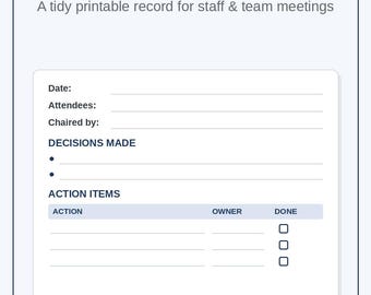 May include: A Meeting Minutes Template document featuring fields for Date, Attendees, Chaired by, Decisions Made, and Action Items with columns for Action, Owner, and Done with checkboxes. The text includes Agenda, Decisions, Action items with owners & deadlines, and Printable PDF, Instant Download.