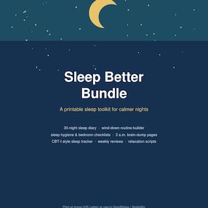 Könnte beinhalten: Ein digitales Schlaf-Tracker-Set auf dunkelblauem Hintergrund mit gelbem Halbmond und Sternen. Der Text umfasst Sleep Better Bundle, A printable sleep toolkit for calmer nights und eine Liste von Inhalten wie ein 30-Nächte-Schlaftagebuch.