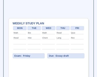 May include: A digital study planner template with the title Study Planner and the subtitle A minimalist weekly study planner for students. It features a weekly study plan grid for Monday through Friday with rows for subjects and exam notes.