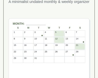 May include: A monthly calendar planner with the text Monthly Calendar Planner, A minimalist undated monthly & weekly organizer, Start any month, No wasted pages, Home & office, Printable PDF, Instant Download, and a grid with numbers 1-31.