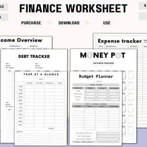 Printable Finance Worksheet, Income Workbook, Printable Expense Tracker, Budget Planner, Debt and Savings Tracker, Instant Download