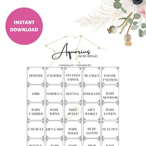 Tarjetas de bingo de baby shower con temática del Zodíaco de Acuario precargadas imprimibles, tarjetas de bingo de baby shower, bingo para bebés precargadas DESCARGAR