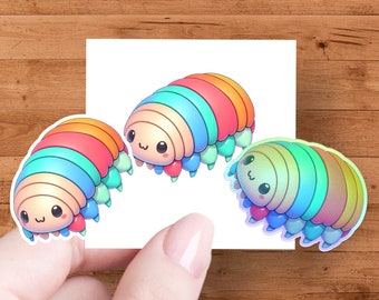 Cute Kawaii Roly Poly Isopod Sticker, Kids Rainbow Isopod T-Shirt, Cute Bug Cartoon Graphic Tee, Isopod Halogram Sticker, Roly Poly Sticker