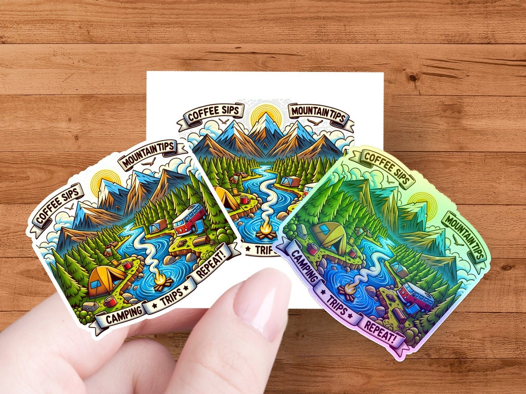 Camping Mountain Adventure Sticker, Nature Lover Die-cut Decal, Coffee ...