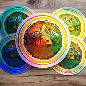 Camping Adventure Outdoor Vinyl Sticker, Nature Lover Waterproof Decal, Hiking Travel Laptop Sticker, Mountain Scene Car Bumper Sticker