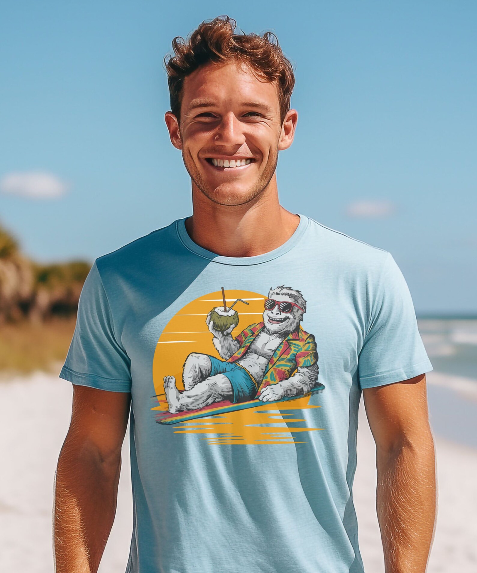 Bigfoot Beach Party T-shirt, Surfing Sasquatch Sunglasses, Vacation Tee ...