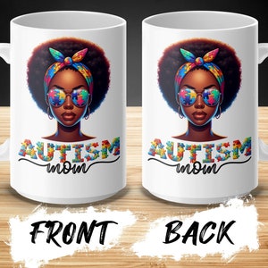 Autism Awareness Mom Coffee Mug, Colorful Puzzle Pieces Design, African American Woman, Inspirational Support Gift, 11 oz Ceramic Cup