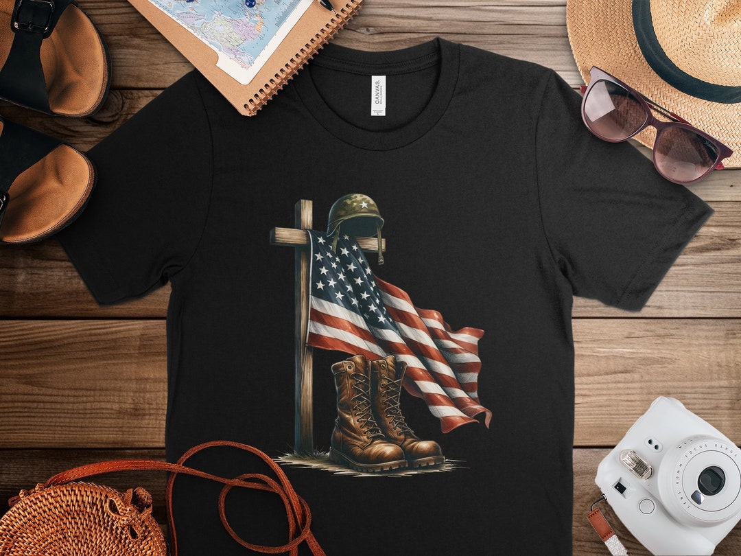 Patriotic Military Boots and Helmet T-shirt, Veteran Memorial Cross ...