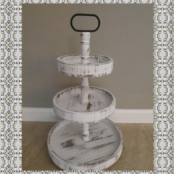 3 Tiered Beautiful Rustic Wooden Tiered Tray.  Boho, Shabby Chic, Rustic, Cottage, Farmhouse  Distressed White style.