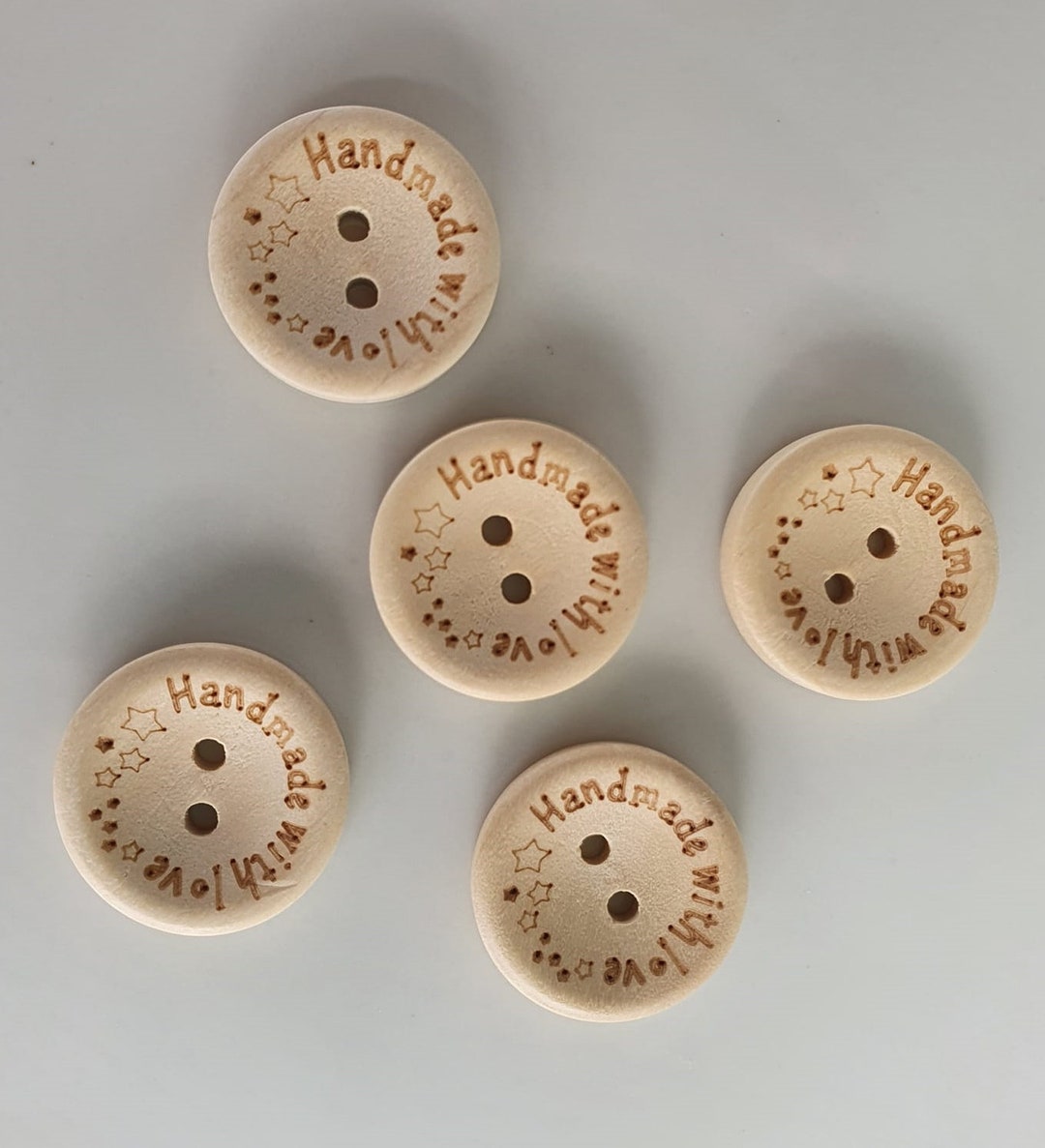 Buttons - Set of 5 Beige Handmade W/ Love Wooden Buttons W/ Stars Decor ...