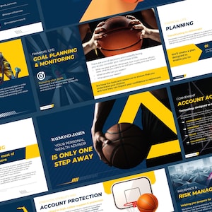May include: A presentation with a blue and yellow color scheme. The presentation is about financial planning and includes images of basketballs and a person playing basketball. The text on the slides includes "Financial Life Goal Planning & Monitoring", "Planning", "Account Protection", "Risk Management", "Convenient Account Access", and "Raymond James Your Personal Wealth Advisor Is Only One Step Away".