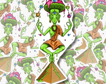 Zen Alien, mushroom art book stickers, customized stickers, die cut stickers, deco stickers, laptop stickers, cute planner stickers, space