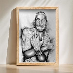 Póster de Eminem, arte mural, sombreado delgado, pintado a mano, papel mate de calidad de museo, tamaño A3, años 90, década de 1990, hip hop, rap, música, art déco, póster de Eminem