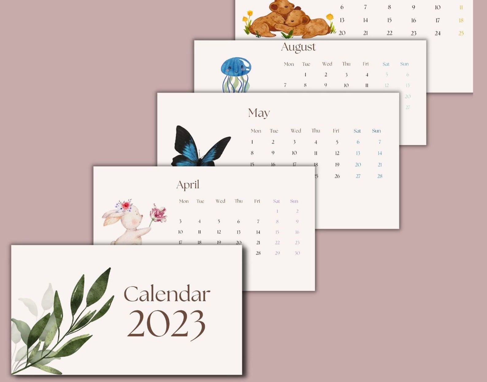 Printable 2023 Watercolor Calendar Horizontal Layout - Etsy UK