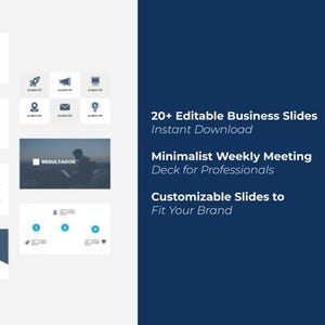 Pode incluir: Um conjunto de slides de apresentação de negócios com um design minimalista. Os slides são principalmente brancos e azuis, com ícones e texto. O texto inclui "20+ Editable Business Slides", "Instant Download" e "Minimalist Weekly Meeting Deck for Professionals".