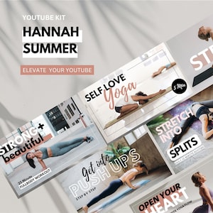 Puede incluir: Un conjunto de plantillas de miniaturas de YouTube para videos de fitness. Las miniaturas presentan imágenes de personas haciendo yoga, estiramientos y ejercicio. El texto en las miniaturas incluye frases como "Self Love Yoga", "Get into Push Ups", "Stretch into Splits", y "Open Your Heart".