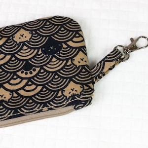 Coin, Card Purse. Japanese Cotton Dobby Fabric with Navy Blue Cats in Waves Print.