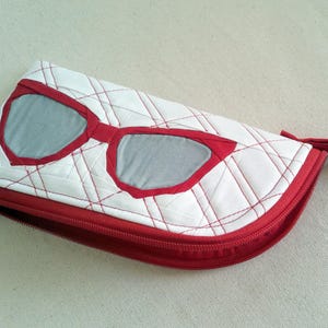 Padded case for sunglasses and reading glasses with paper pieced glasses on the front. Raccoon zip case.